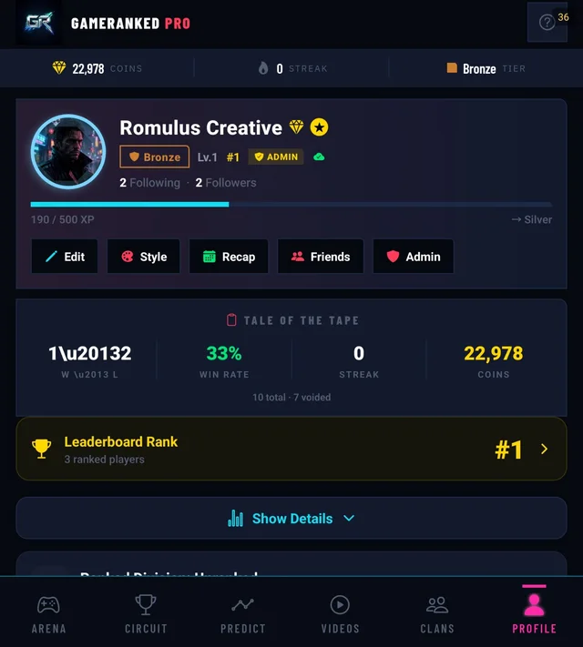 The real GameRanked PRO Profile screen — player record, tier and leaderboard rank