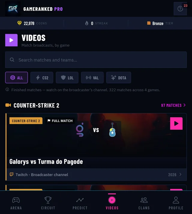 The real GameRanked PRO Videos screen — match broadcasts by game