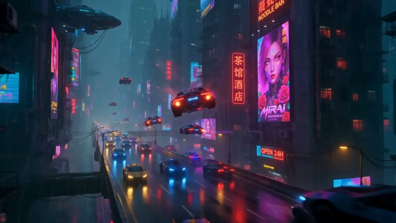 The Night One panel — traffic threading a rain-slick Tarvis avenue under neon billboards, seen from a municipal camera